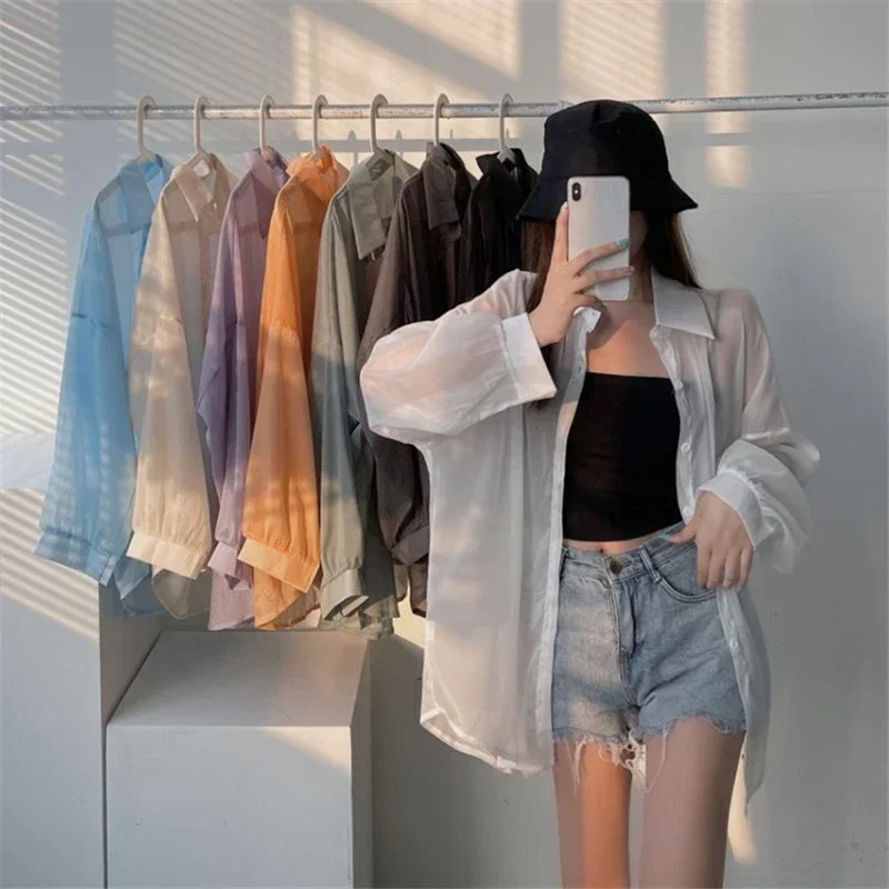 Women Shirt Long Sleeve Top Blouse Female Chiffon Loose Summer Cardigan Thin Sexy Solid Color Casual Shirt Outerwear Прозрачная