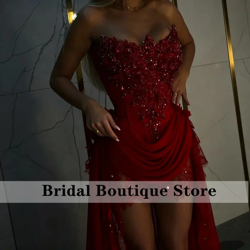 Sexy Red Beaded Corset Prom Gown Short Lace Mini Evening Dress Vintage High Low Party Dress Customized