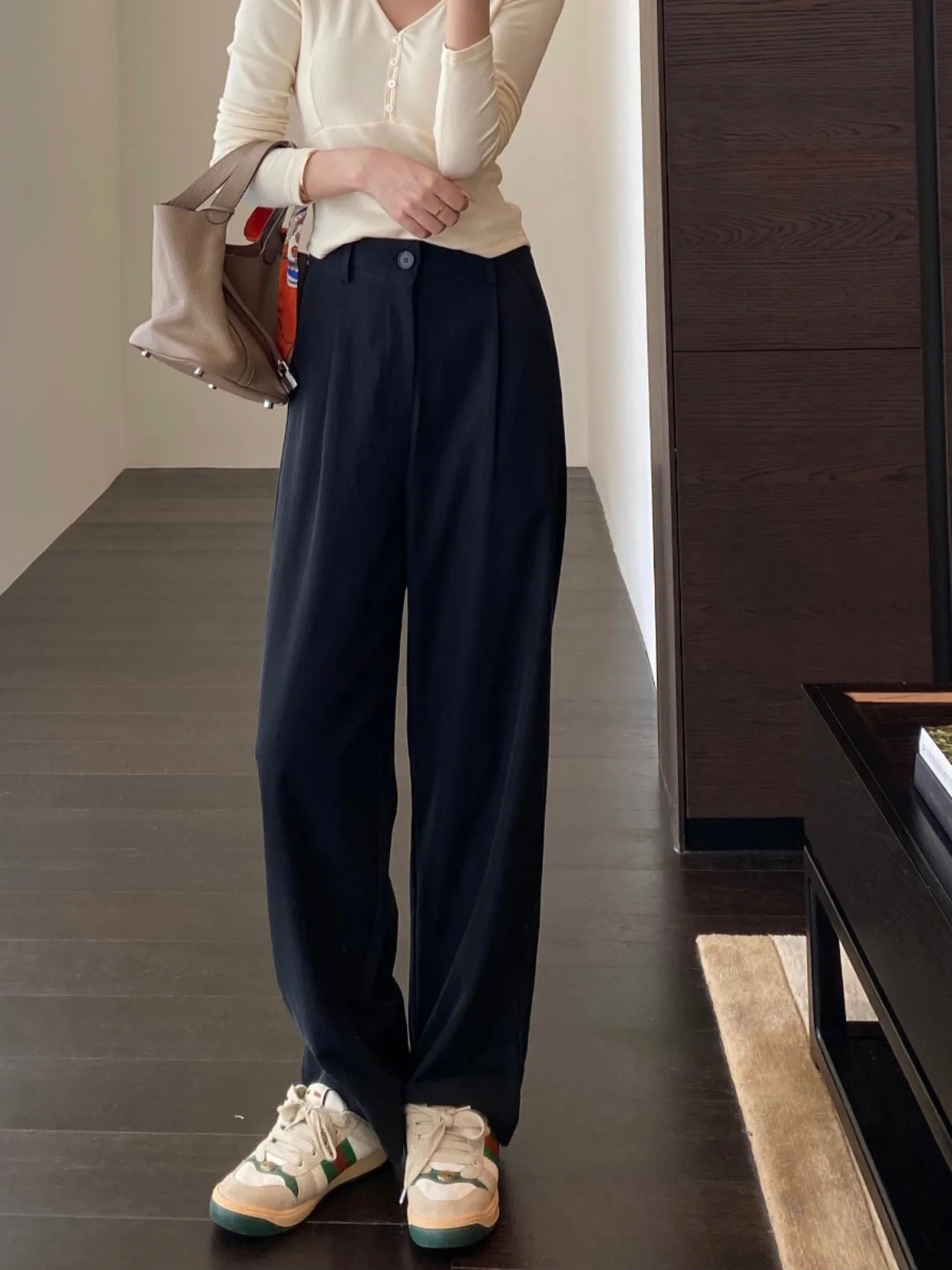 

Повседневные женские брюки с высокой талией, прямые, широкие, свободного кроя, длинные, с отворотами, удобные, дышащие