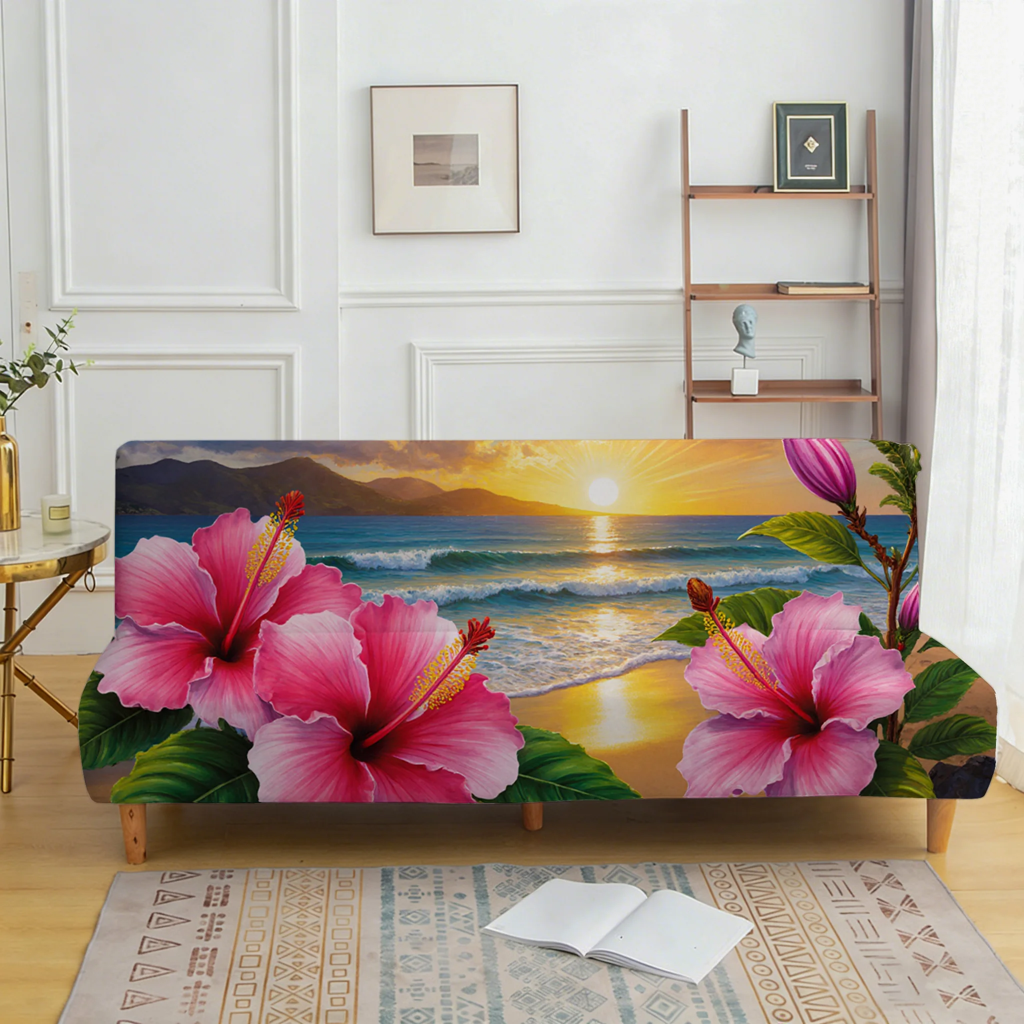 Summer Hibiscus Sofa Bed Cover, Non-slip and Anti-scratch Furniture Protector, Easy to Install, Machine Washable