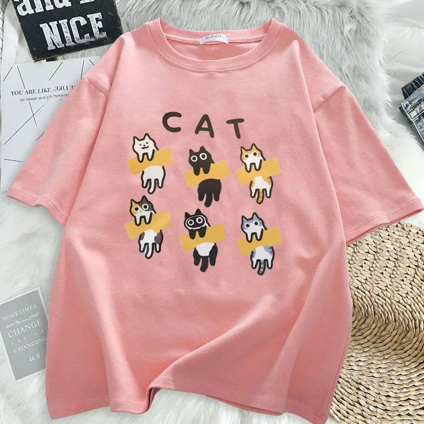 Summer Short Sleeved T-shirt 2026 New Korean Ins Retro Cartoon Cat Print Loose Pullover Top