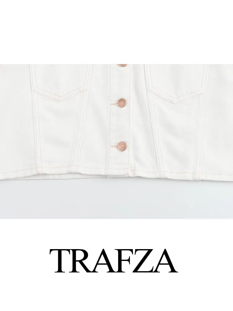 TRAFZA-abrigo vaquero de manga corta para mujer, cárdigan blanco con cuello vuelto y bolsillos salvajes, de una sola botonadura, a la moda, 2024