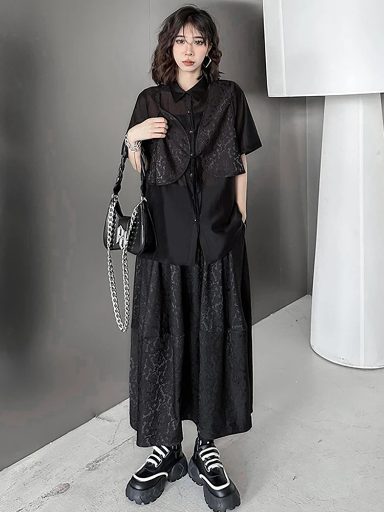 [EAM] Black Shirt Big Size Half-body Skirt Two Pieces Suit New Lapel Short Sleeve Women Fashion Tide Spring Autumn 2024  1DH5252