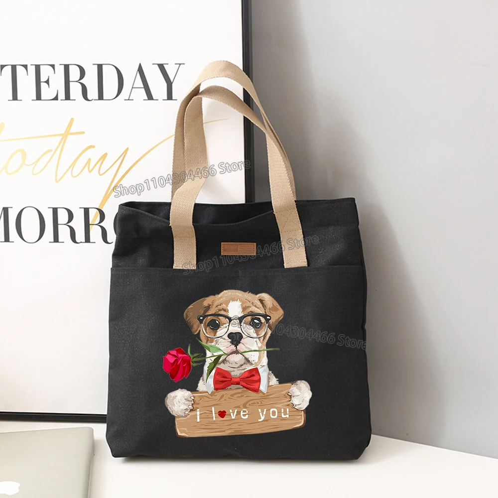 Canvas Tote Bag Unisex Large Capacity HandBag Dogs Printed Shoulder Bag Student Commuting Zipper Bag for Work,school Party Gift