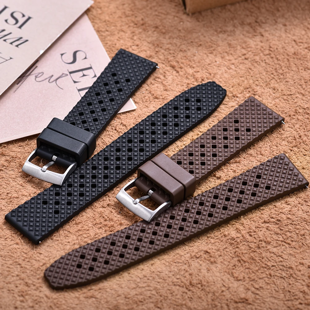 20mm 22mm Fluorine Rubber Watch Strap Quick Release Multi‑Hole Adjustable Flexible Replacement Watch Band Sport Wristband