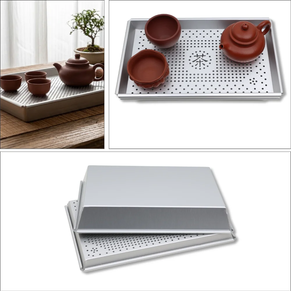 Aluminum Tea Tray with Drainage Storage Kung Fu round Plate Dish Drawer for Tea Room Board Table Chinese Tea Ceremony Tools