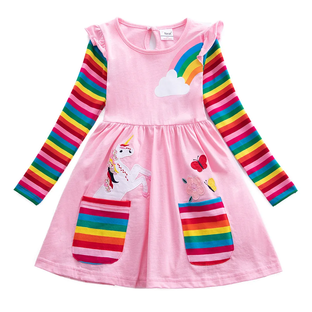 Girls\' Long Sleeve Unicorn Dress Autumn Embroidery Two Pockets Rainbow Sleeves 81035