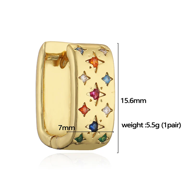 HECHENG, Colourful Zirconia Star Pattern Square Round Popular Simple Unisex Ladies Metal Earrings 1 Pair (Couple Jewelry)