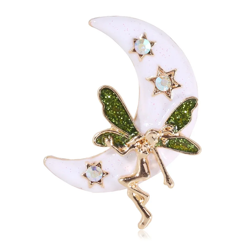 Moon Star With Twinkling Wings Girl's Crystal Brooch For Women Shiny Elegant Coat Office Party Friends Gift Accessories