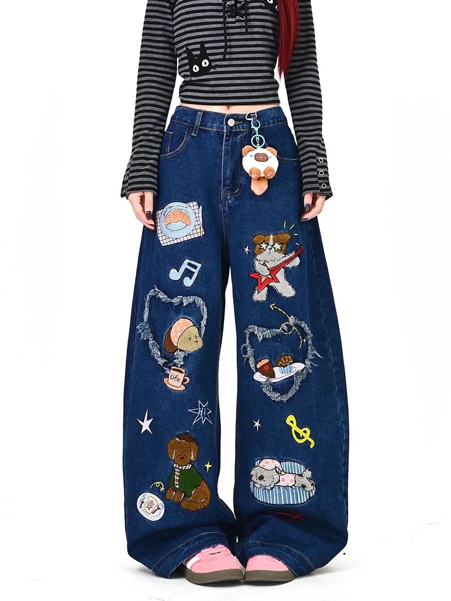 

Cartoon Loose Women's Jeans Floor-Length Dragging Lazy Sle Korean Streetwear Spring 2026 New Arrival l Waist