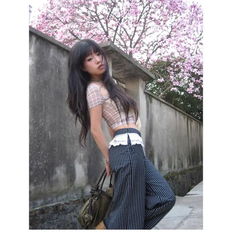 Tonngirls Vintage T Shirt Women Short Sleeve Patchwork Plaid Lace Crop Tops Y2k Fairycore Tshirts Streetwear 2000s Japanese Tees