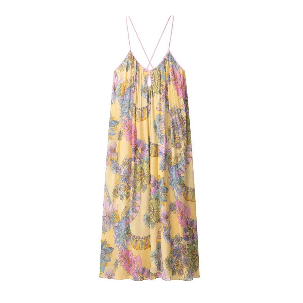 

BSK&TRAF2025French temperament backless sling print loose simple holiday style casual dress summer new women's clothing
