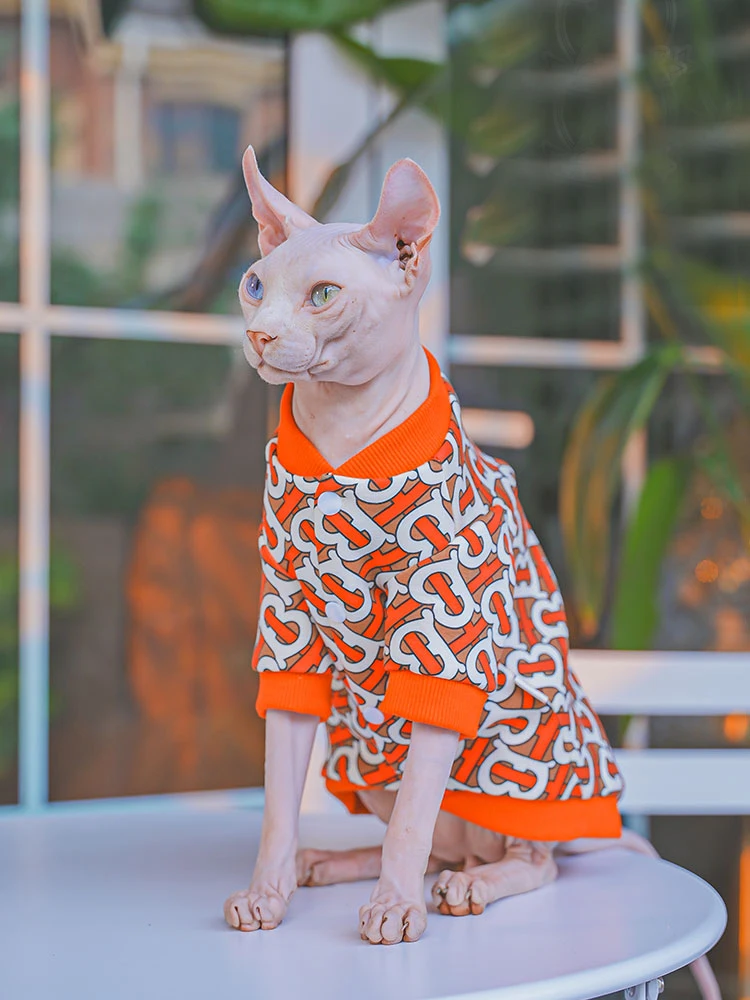 Sphynx Cat Warm Jacket in Winter Hairless Cat Clothes Cotton Baseball Uniform For Devon Rex Orange Cartoon Coat for Kittens