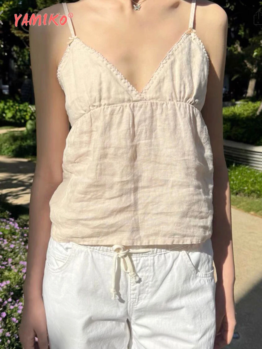 

Lace Patchwork Linen Camisole Women Summer 2000s Y2K Clothes Cotton Tank Top Camis Girls Fashion Sweet Cute Crop Tops Tanks