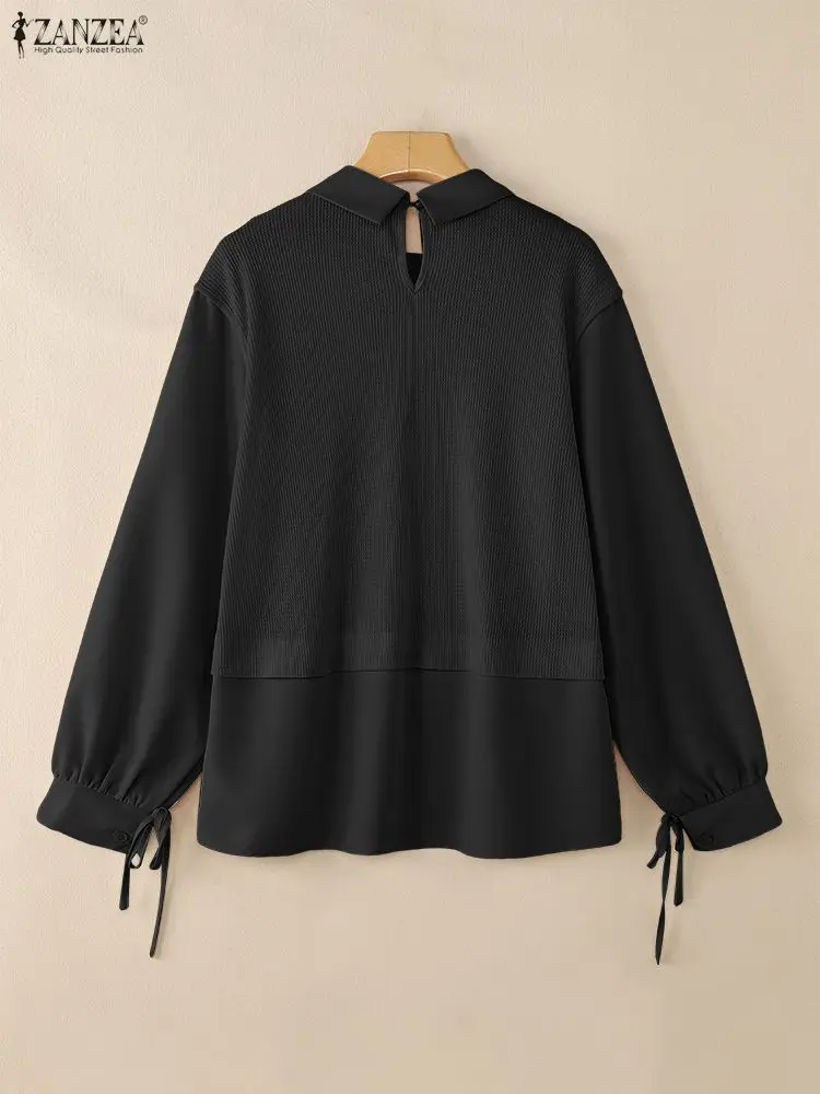 여성 와플 패치워크 블라우스 플러스 사이즈 봄 가을 긴팔 칼라 페이크 투피스 셔츠 ZANZEA 레이지 루즈 탑스 5XL