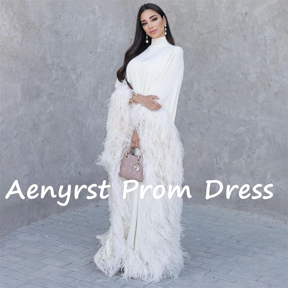 Aenyrst Feathers High Collar Saudi customized Evening Dresses A Line Satin Prom Dress Women Floor Length Formal Occasion Gowns