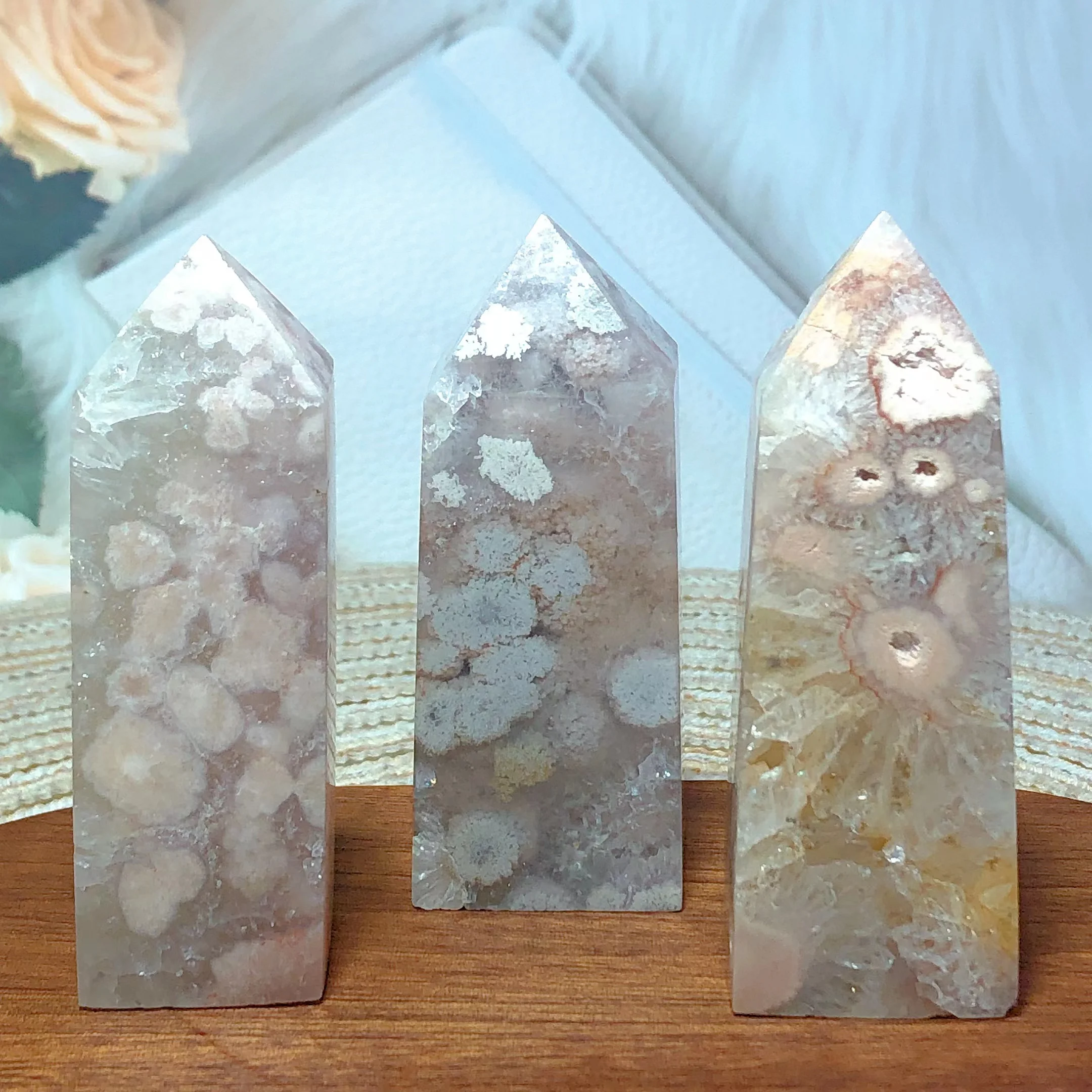 

Natural Crystals Pink Flower Agate Tower Geode Druzy Ore High Quality Obelisk Mineral Healing Home Decorations Reiki Room Decor