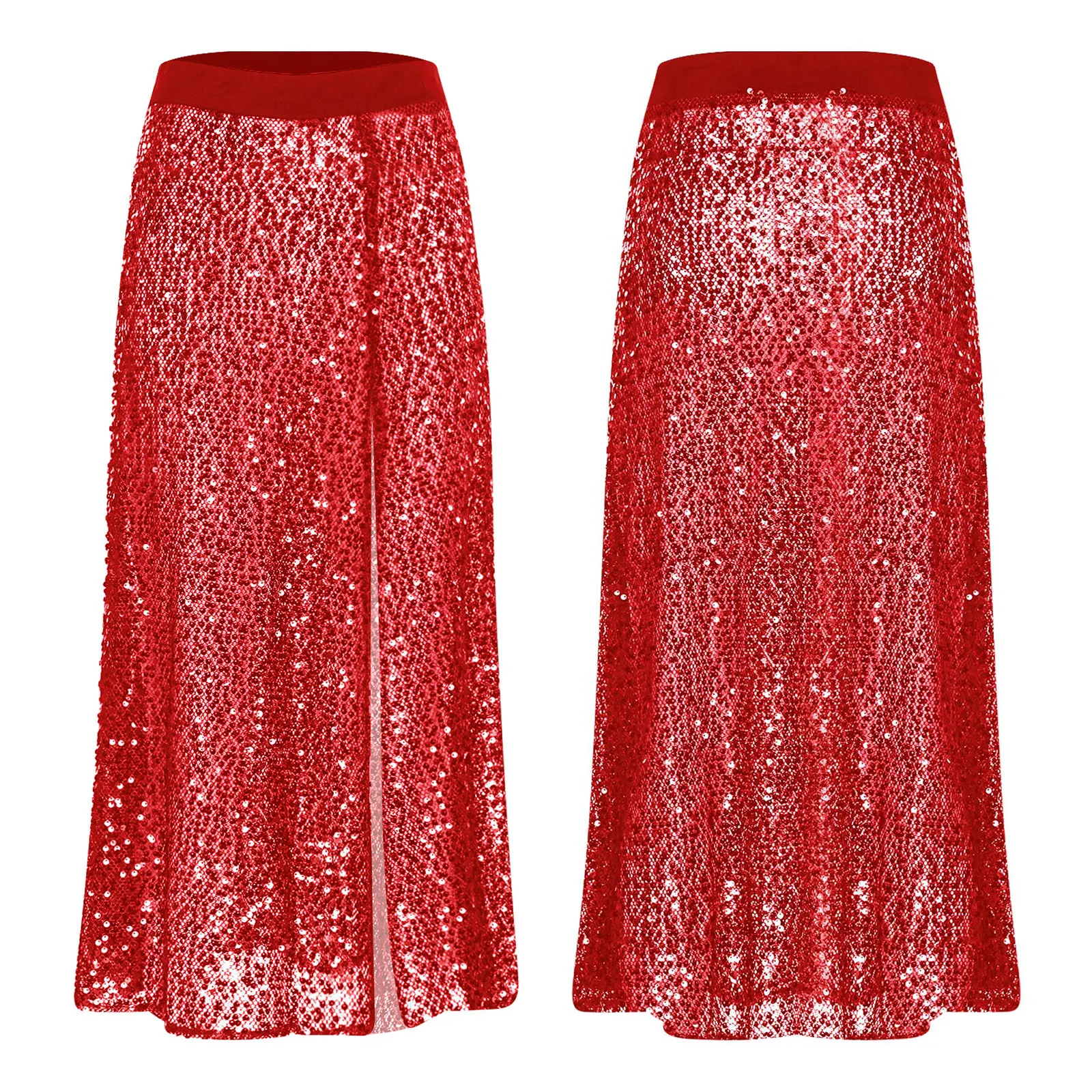 

Womens Rave Bally Party Dance Skirt Glittery Sequin Sheer Mesh Midi Length with Slit Hem for Belly Dance Club Party Cover Up