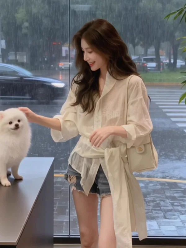 

Женская модная блузка Ele White с длинным рукавом, с поясом, во французском стиле, свободного кроя, дышащая, приятная к телу, осенняя коллекция 2025 года, новинка