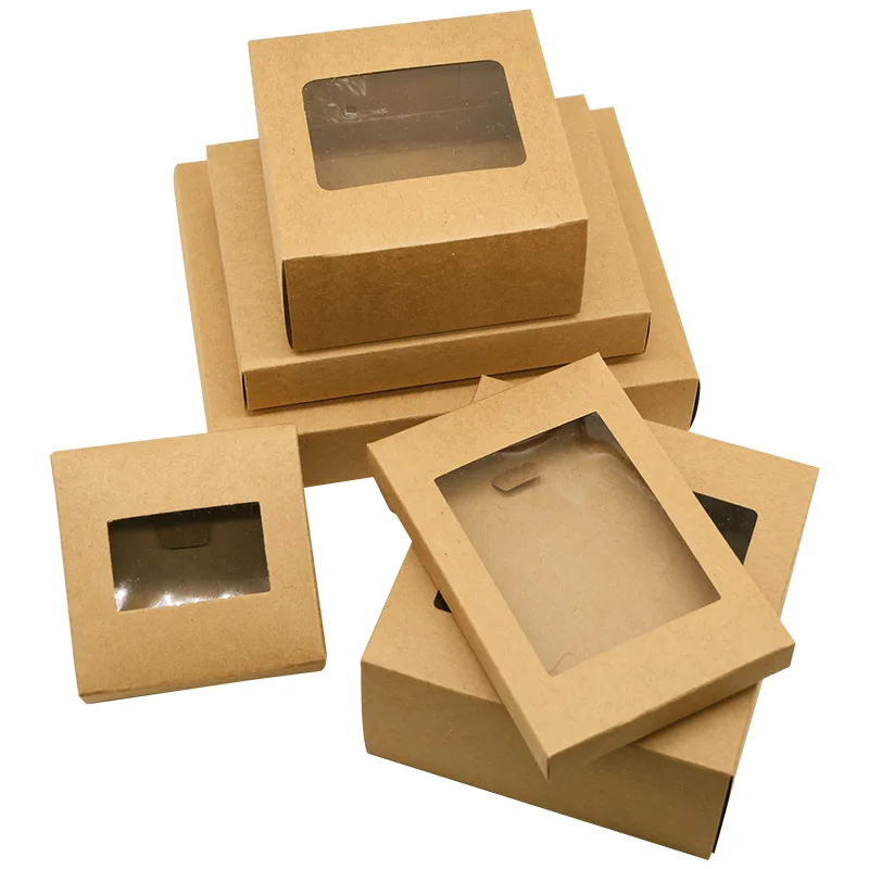 3.2-7 inch Wedding Birthday Gift Boxes With Windows Kraft Paper Box for Guests Present Candy Christmas Business Goody Packaging