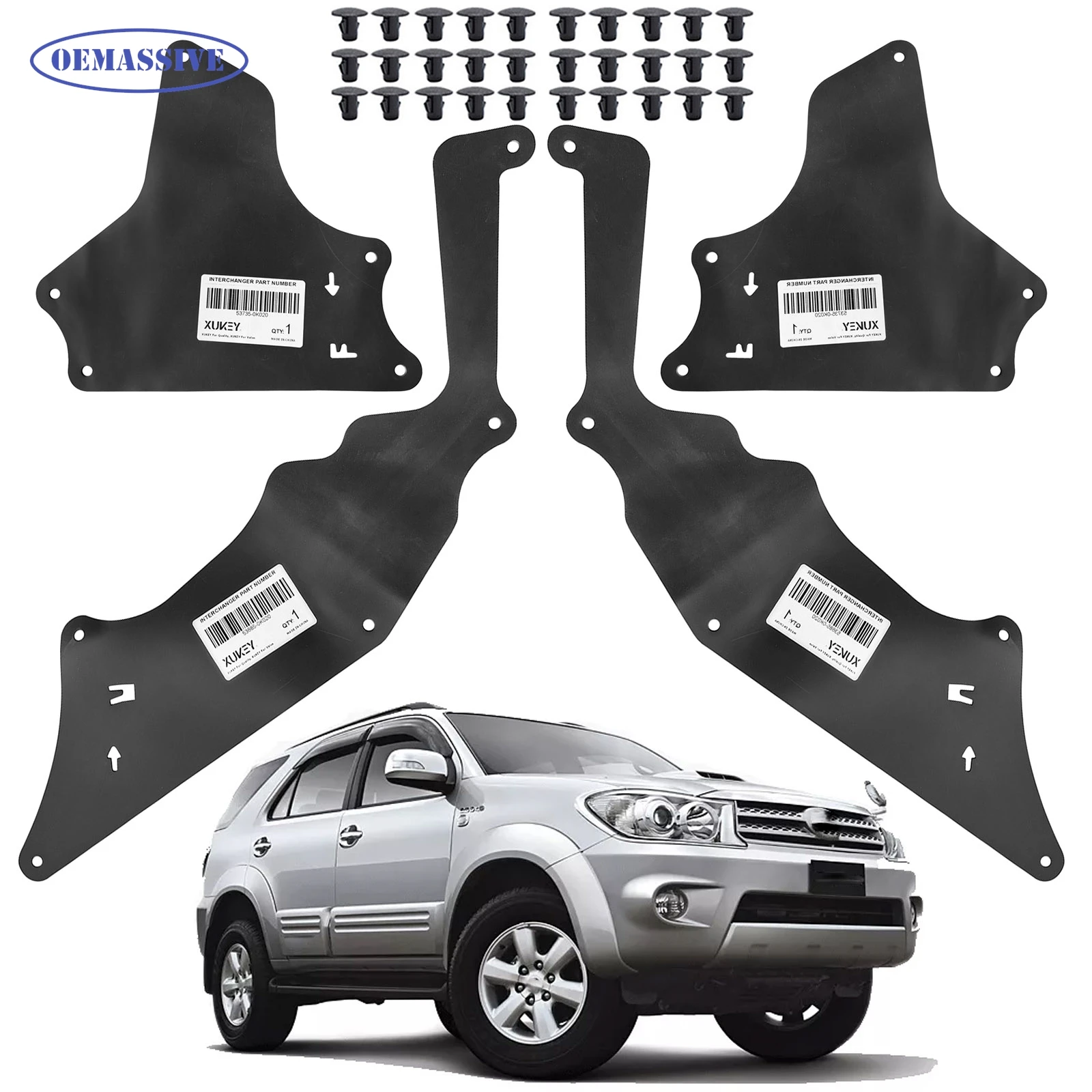 4x Splash Shields with Clips for Toyota Hilux Fortuner 2004-2015 Fender Liners Apron Skirts Guards Seals 53885-0K020 53735-0k020