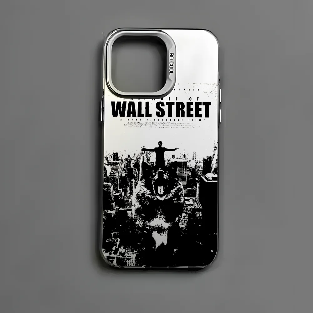 W-Wolf Movie W-Wall S-Street جراب هاتف آيفون 16 15 14 13 12 11 Pro Max أسود غير لامع متعدد الألوان ليزر معدني أورورا فوندا