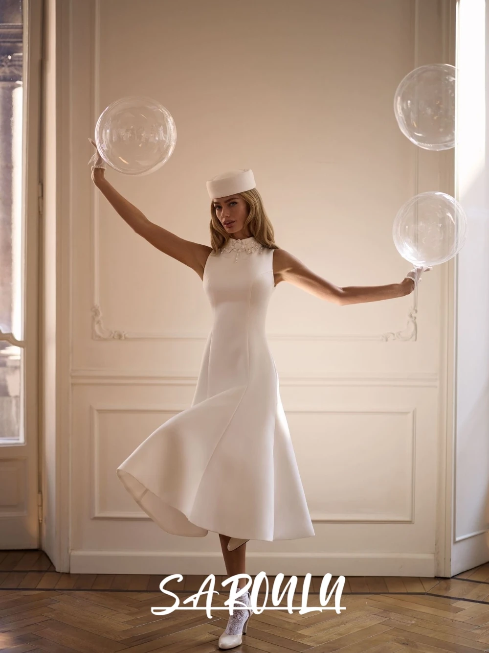 

Polished Midi Wedding Dress, Vintage A Line Pearls Bridal Gown, Elegant High Neckline Sleeveless Chic Customized Bride Wear