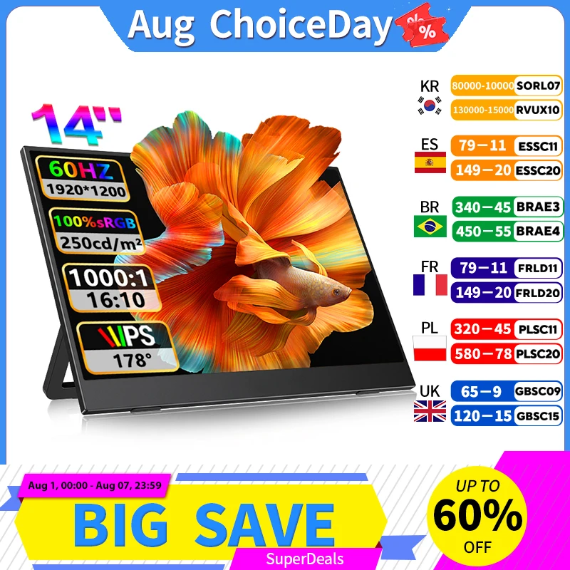 14' Full HD Portable Monitor 100% SRGB 16:10 for Suitable for Laptop Expansion Dual Screen Solution for Enhanced Productivity