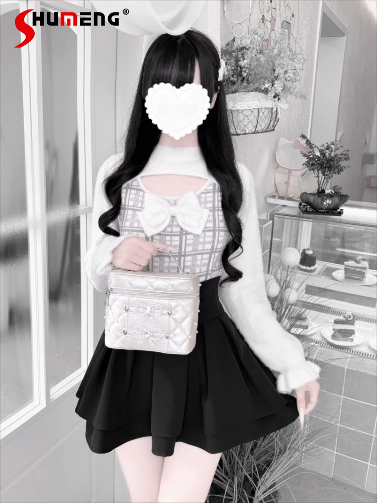 

Элегантные милые универсальные вязаные свитера в японском стиле с круглым вырезом и бантом, клетчатый трикотаж с длинными рукавами, пуловер, женский осенний