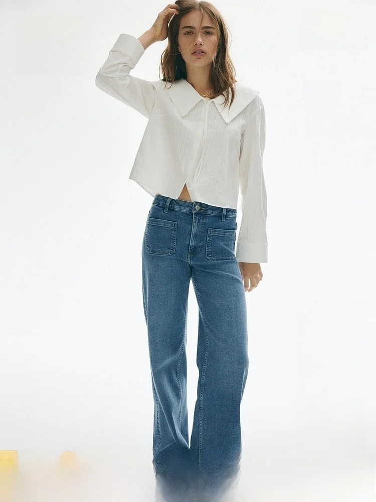 

Loose Long Sleeve Women's Shirt V-neck Pleated Doll Collar Casual Style Fashionable Grains Pure Color H&M 1308945