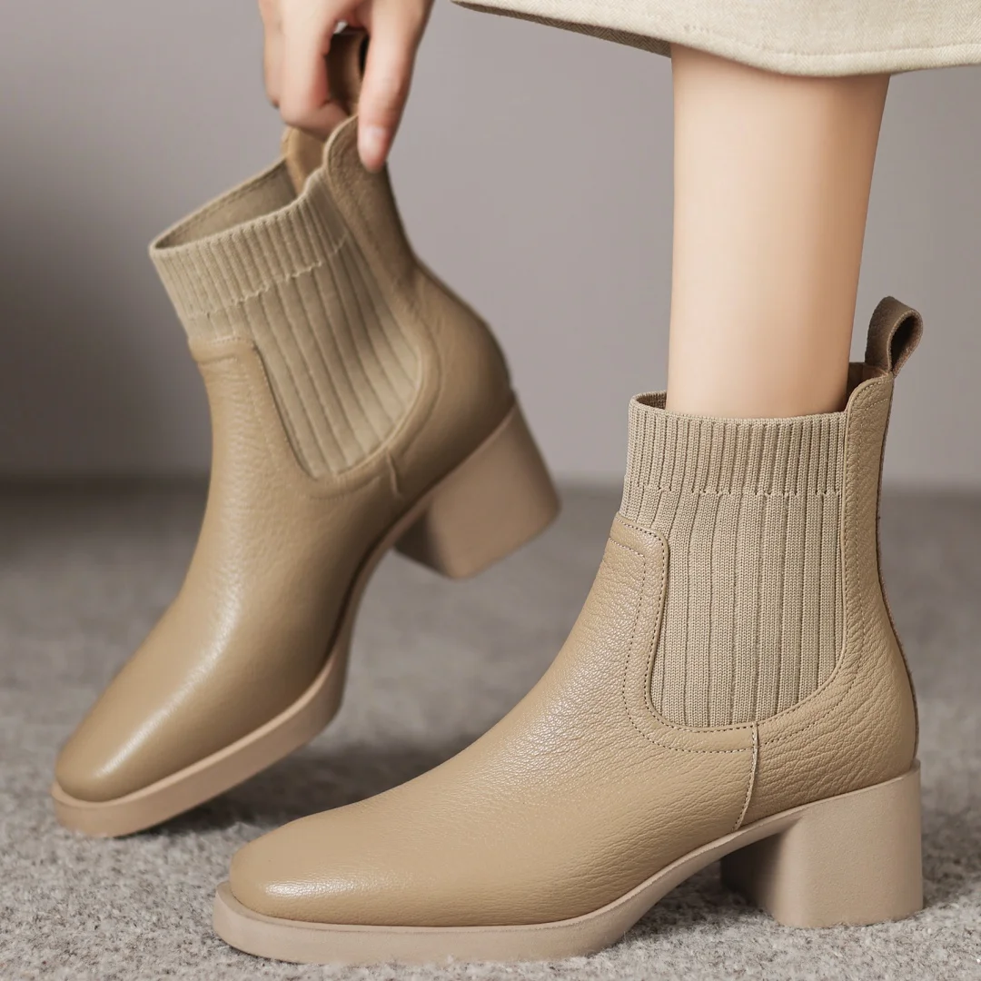 

Women's sheepskin stretch knit patchwork slip-on autumn ankle boots 5.5cm thick med heel casual female high quality short boots