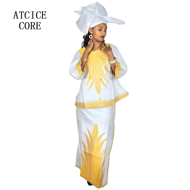 African Dresses For Woman Bazin Riche Embroidery Design Short Rapper With Scarf 3pcs One Set