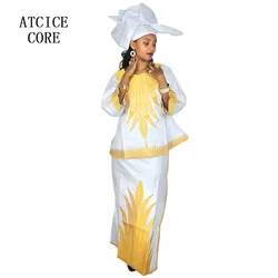 African Dresses For Woman Bazin Riche Embroidery Design Short Rapper With Scarf 3pcs One Set