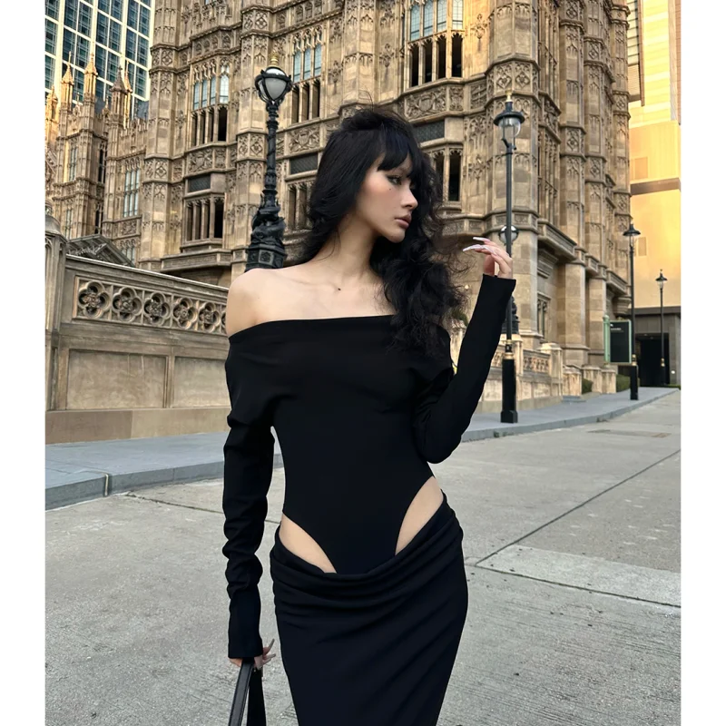 2023 Summer Womens Black Sexy Dress Strapless Hollow Out Europe and America Fashion Luxury Spicy Girl Female NEW Long Dress