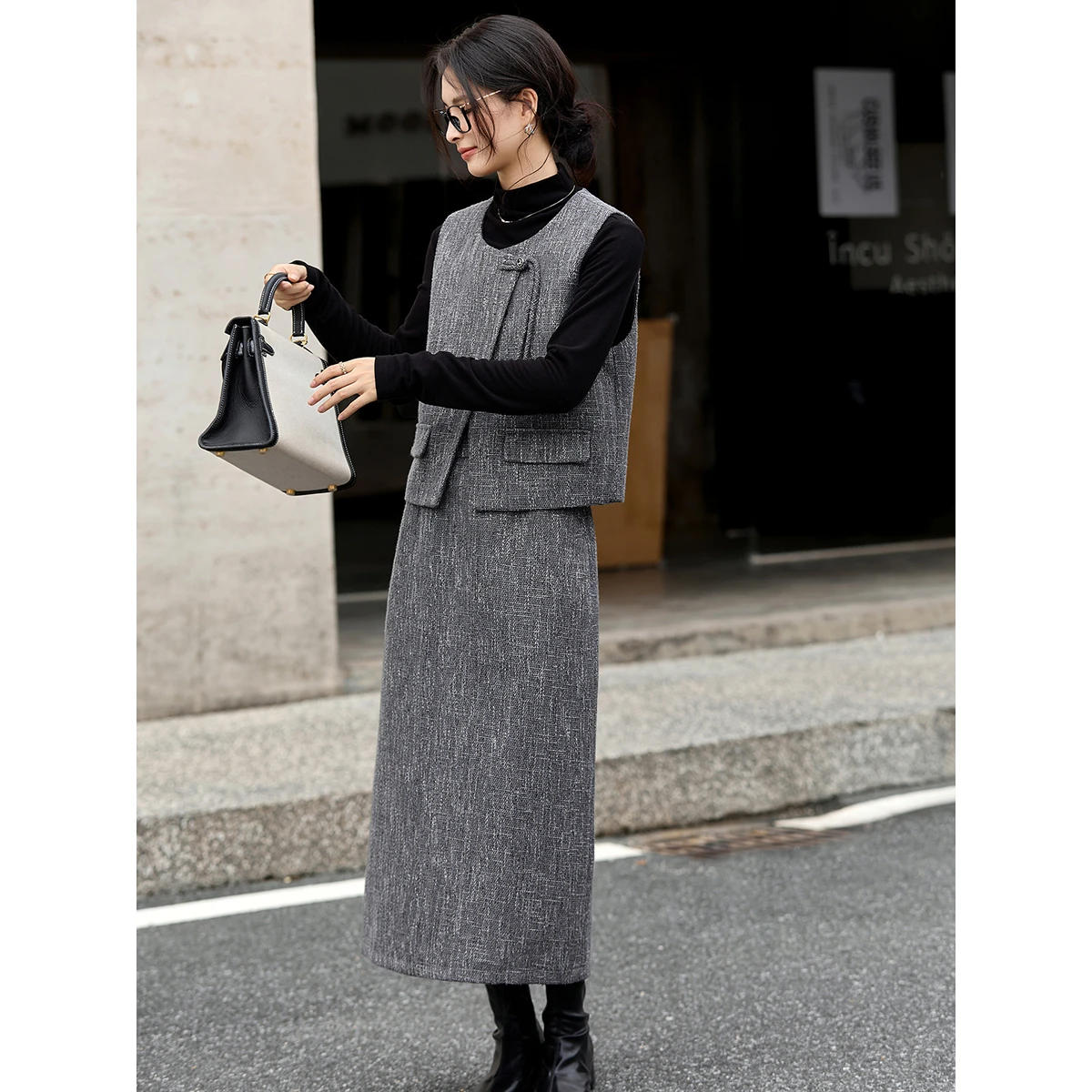Vimly Women's Tweed Suit Set 2025 autumn new O-Neck vest & A-line Long Skirt office lady commuter elegant Two Piece Outfit