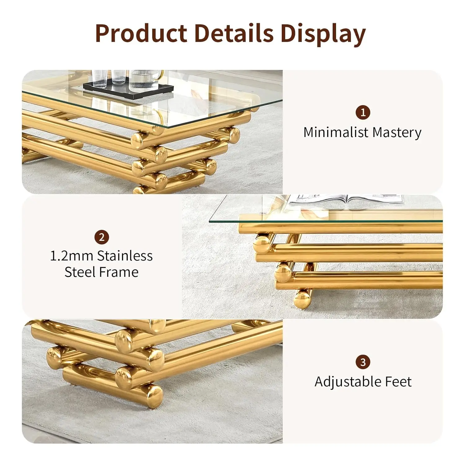 Coffee Table Set Of 2, Modern Gold Coffee Tables For Living Room, Easy Assembly Easy Clean, Tempered Glass With, Customized