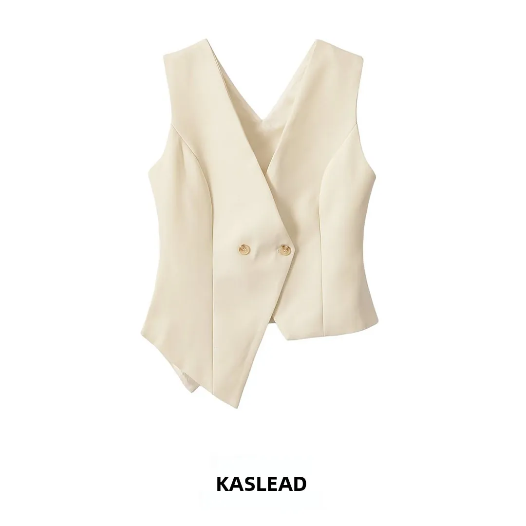 KASLEAD New Women's Fashion Irregular Design Vest High-End Feeling Windproof Polyester Nylon Material Regular Length Double B...