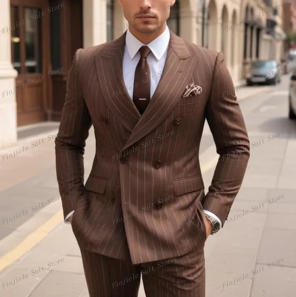 

New Elastic Stripe Brown Men Business Suit Groom Groomsman Wedding Party Formal Prom Male Tuxedos 2 Piece Set Jacket And Pants