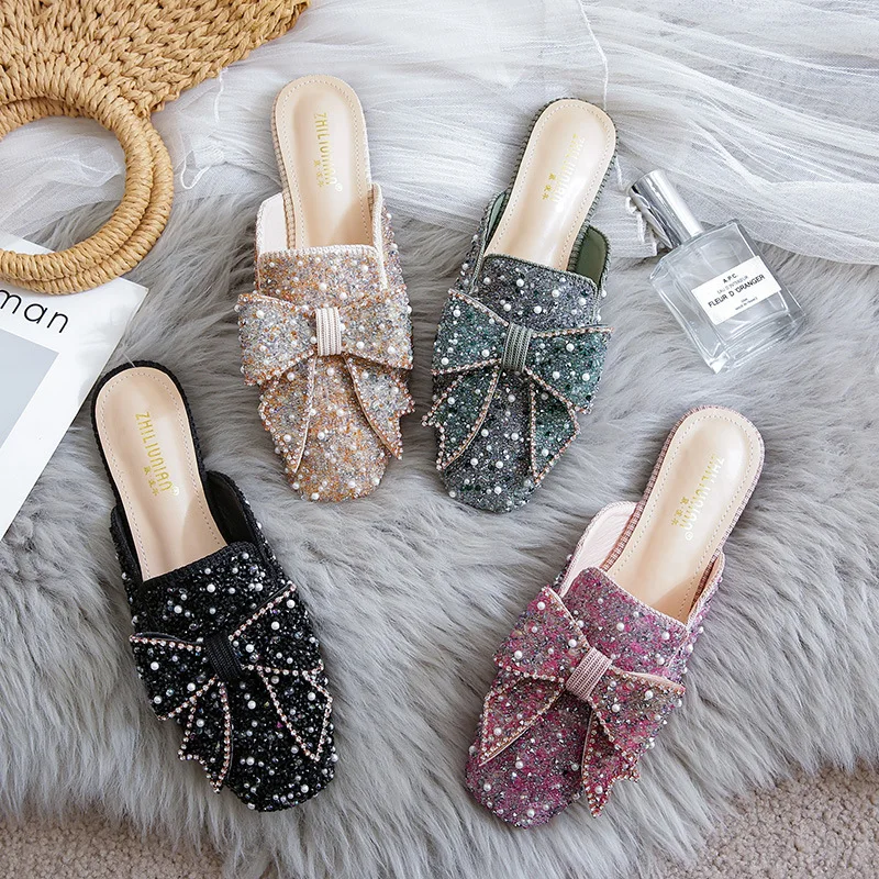 Women Square Toe Paillette Beads Mules Slippers Summer Shoes Womens Sandals Flip Flops Pearl Bling Glitter Slides Plus Size34-43