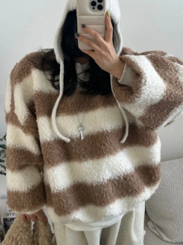 

Женская толстовка с мехом ягненка Thiened, свободная посадка, круглая, в полоску, с рисунком, винтажная, теплая, толстовка, повседневная одежда