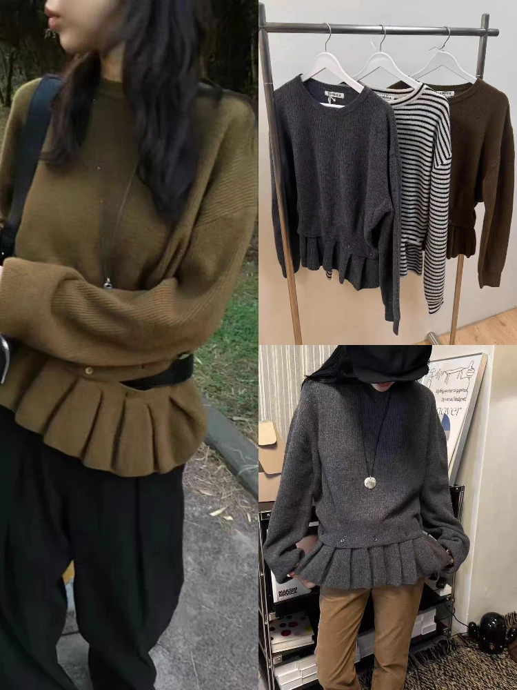 

Soft Cozy Women's Knitted Sweater Loose Fit round Ne Lazy Sle Detachable Hem Waist Cinched Winter Dongdaemun Faion