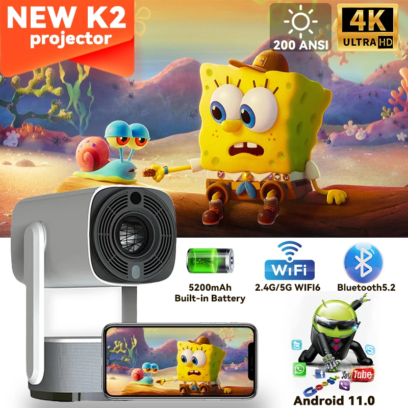 K2VShy300 Portable Projector Android 11.0 WIFI6 BT5.2 Home Theater Projector with Standby Power Supply 200ANSI Supports 4K Video