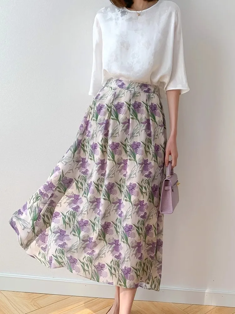 New Office Ladies Elegant Skirt High Waist Flower Print Bohemian Long Skirts Spring Summer Casual Women Fashion A-Line Skirt