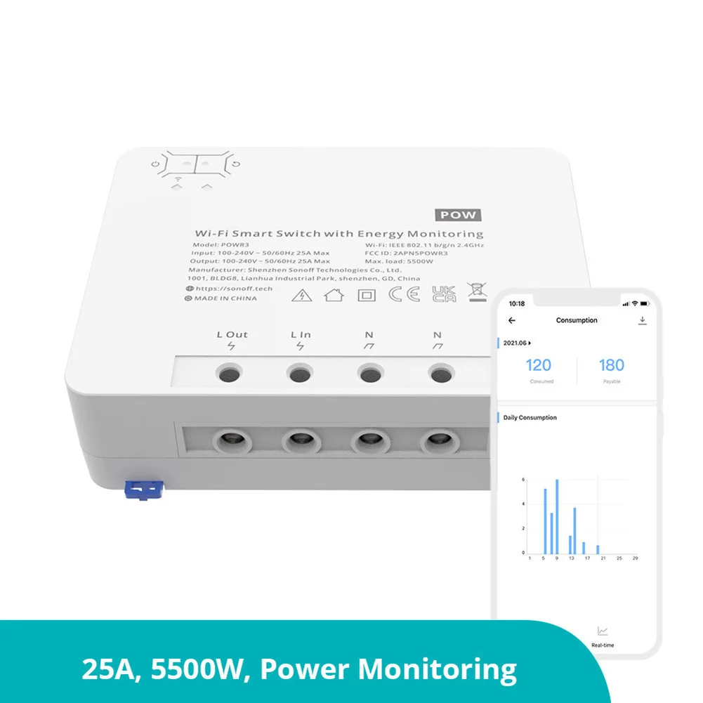 

Умный Wi-Fi выключатель POW R3 25A с мониторингом энергопотребления в реальном времени для eWeLink и Alexa, корпус из ПК-пластика 162x122x45.5 мм