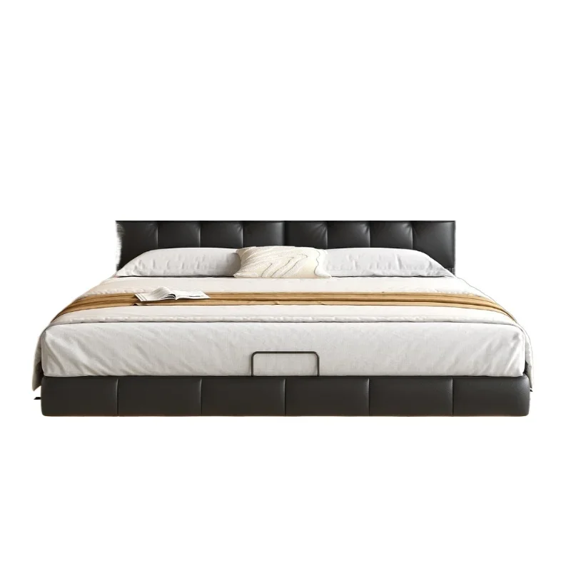can store high-end atmospheric leather bed Master bedroom 1.8 meters Italian minimalist black leather bed