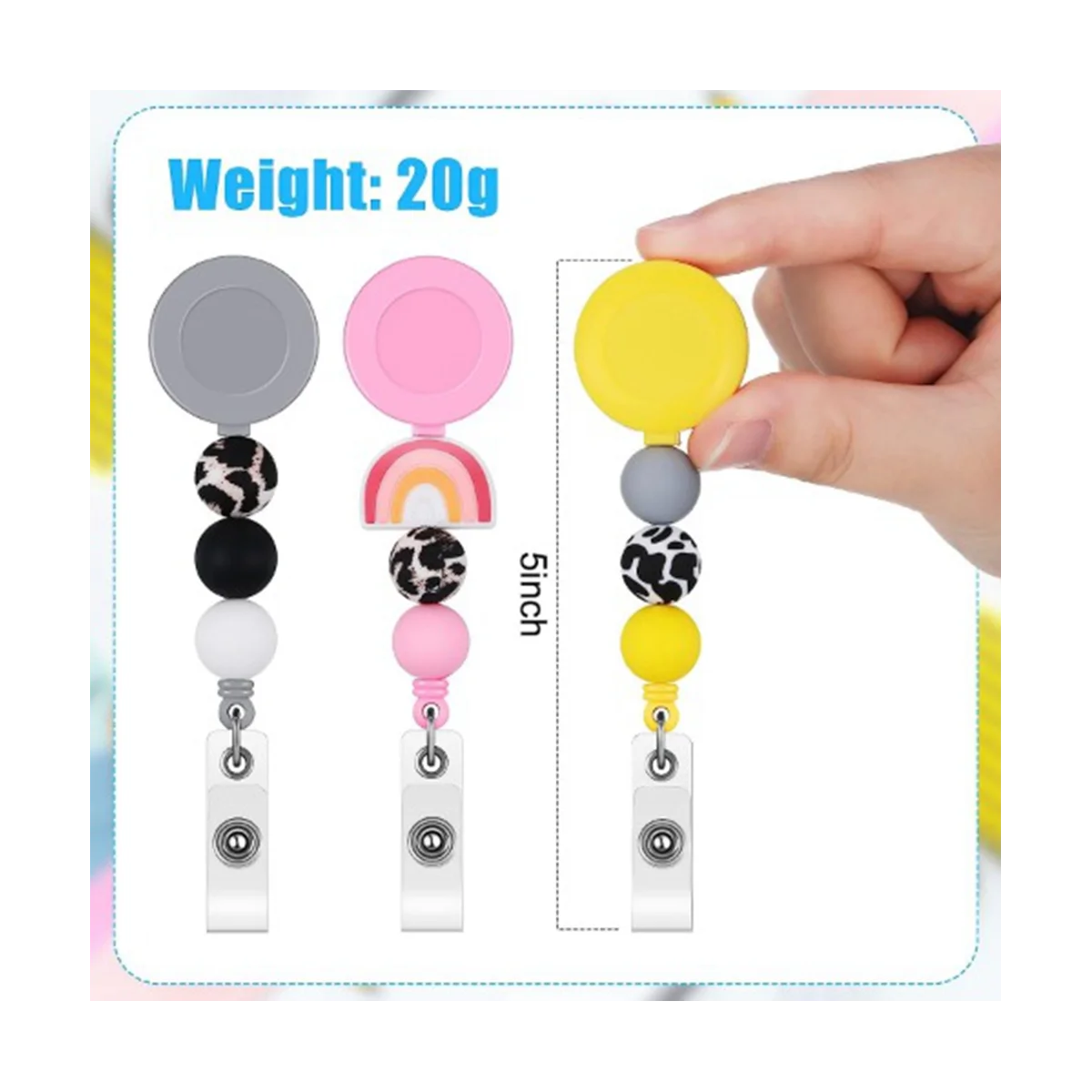 4Pcs Badge Reel, Nurse Badge Reels Retractable Cute Silicone Beaded Badge Reel with Swivel Clip and Key Ring for Office