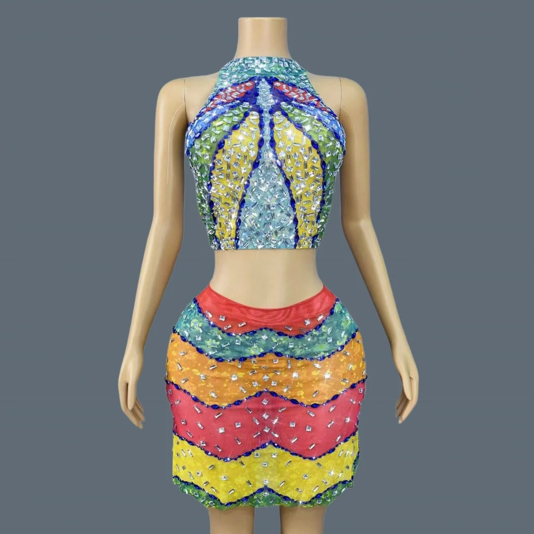 

Colorful Mesh Sparkly Rhinestone Crop Tops Mini Skirt 2Pieces Set Nightclub Party Halloween Christmas Party Outfit Qicaiguang