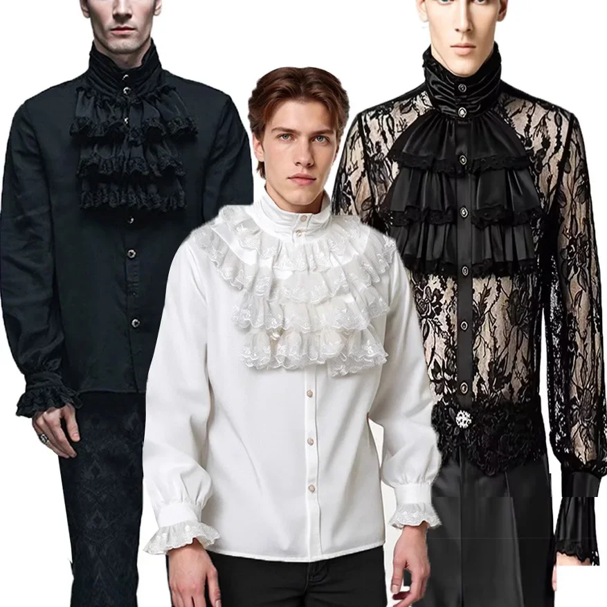

Мужские готические белые рубашки и блузки, топы в викторианском стиле, средневековые кружевные рубашки с оборками и воротником-стойкой, рубашка с пышными рукавами, костюм
