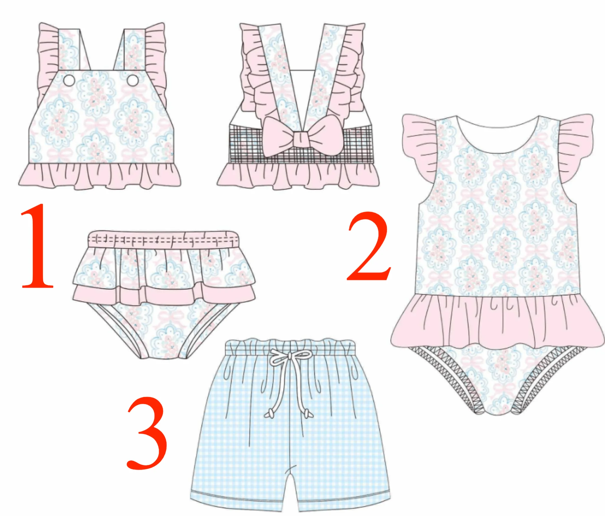 

Pink Ruffle Sleeveless Girls Summer Flower Print Swimsuit Suit Boys Blue Plaid Boutique Swimming Trunks Milk Silk Material
