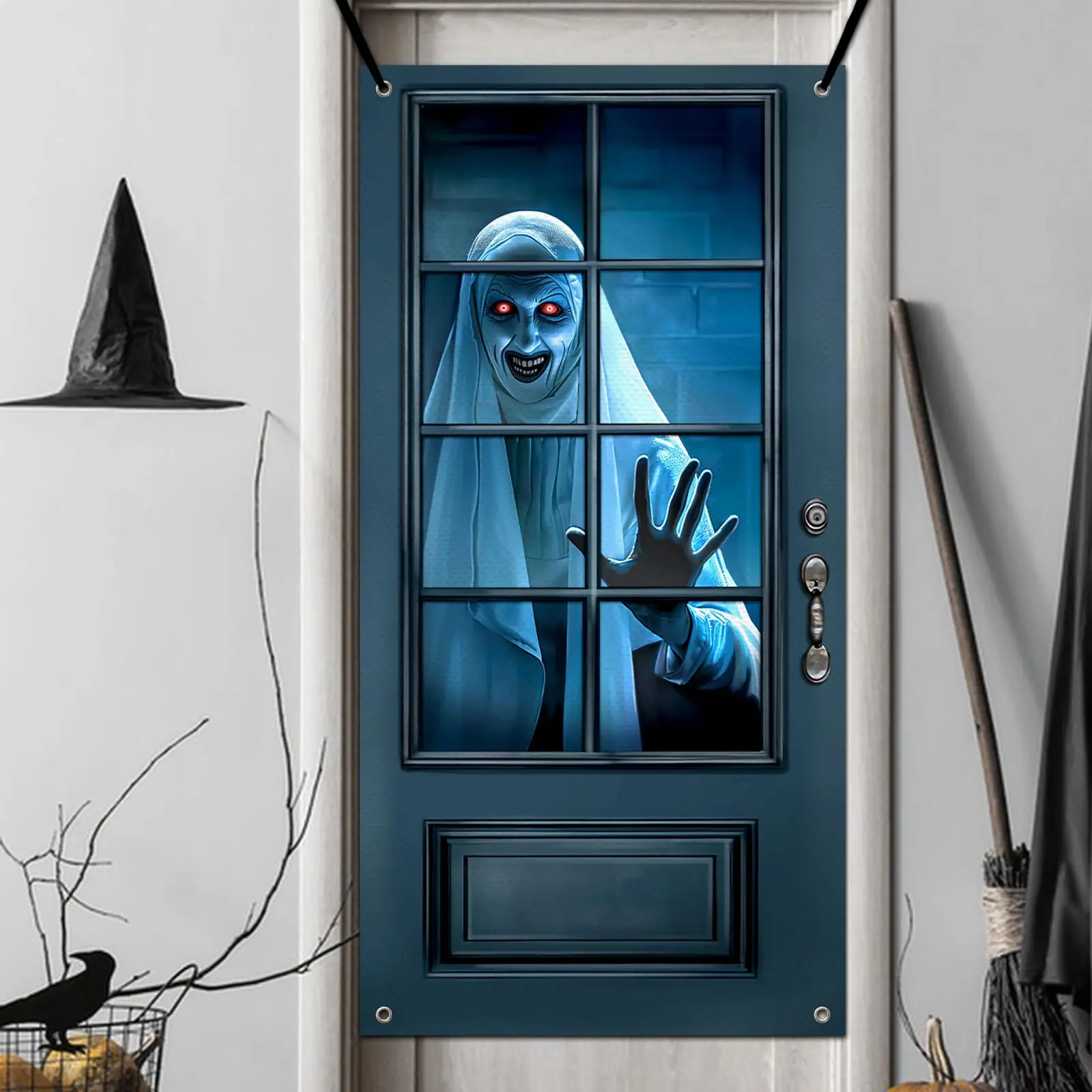 VIKAMA Horror Nonnen gebrochener Tür-Wandteppich, rote Augen, leuchtender Türvorhang, Halloween-Thriller, dunkler Wind, Atmosphäre, Dekoration